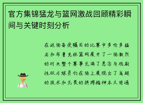 官方集锦猛龙与篮网激战回顾精彩瞬间与关键时刻分析